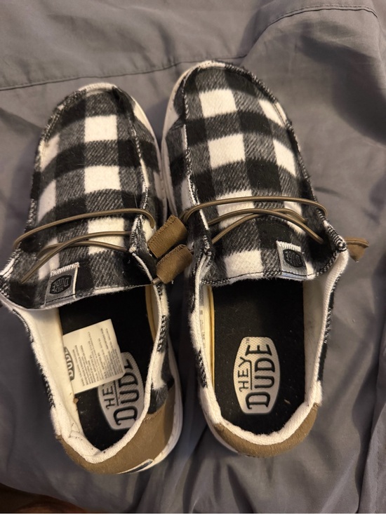 Hey Dude Shoes - Hey Dude Womens size 9 Black & White Plaid Slip-On Shoes